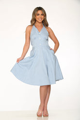 Blue White Checkmate Halter Swing Dress