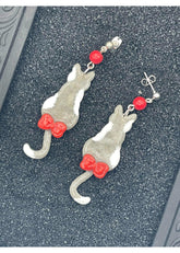 Grey Kitty Cat with Red Bow Earrings