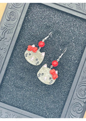 Kitty Cat with Red Bow Earrings