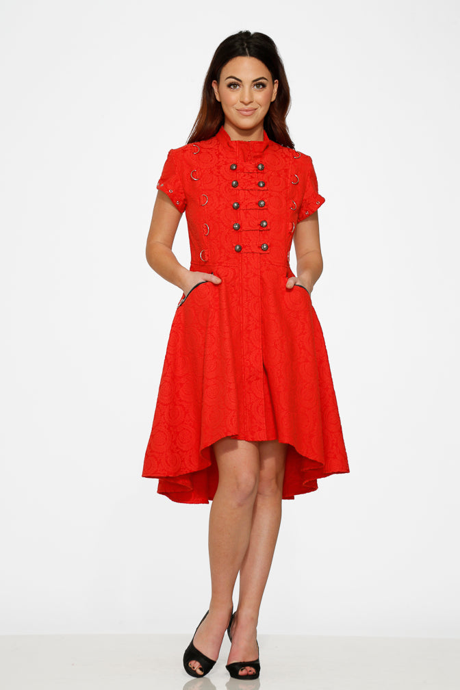Red Jacquard Battalion Swing Dress