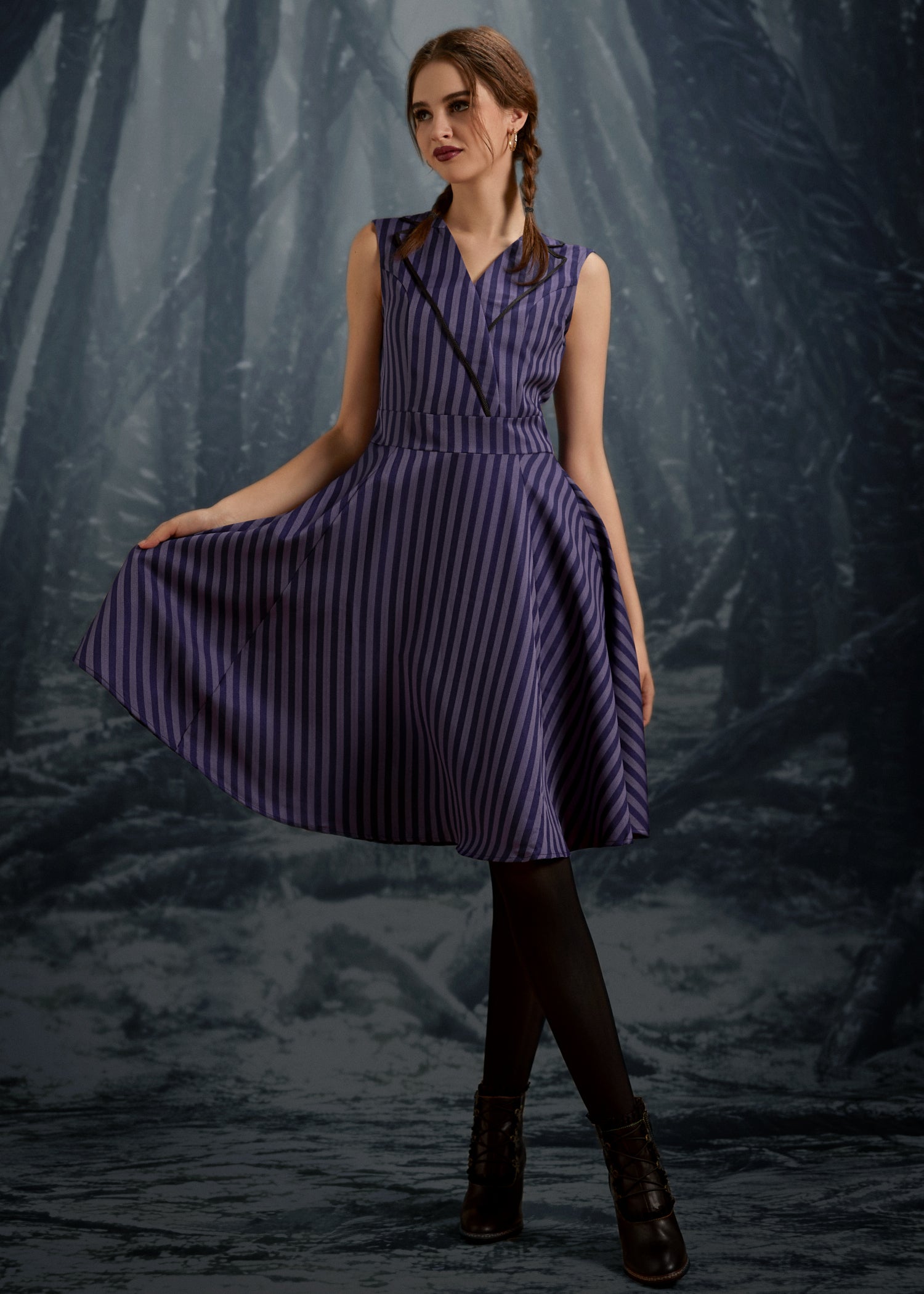 Black & Purple Stripe Swing Dress
