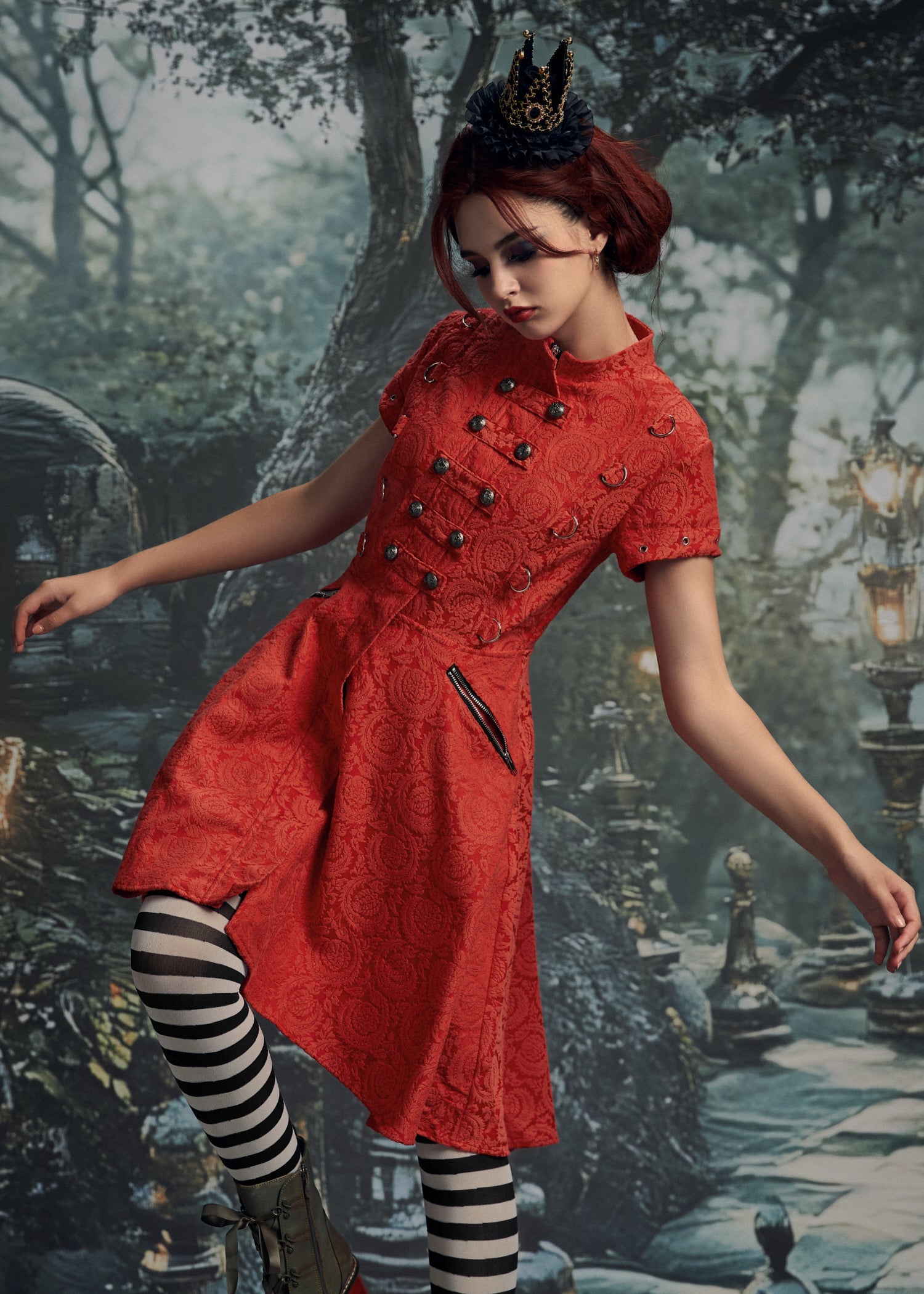 Red Jacquard Battalion Swing Dress