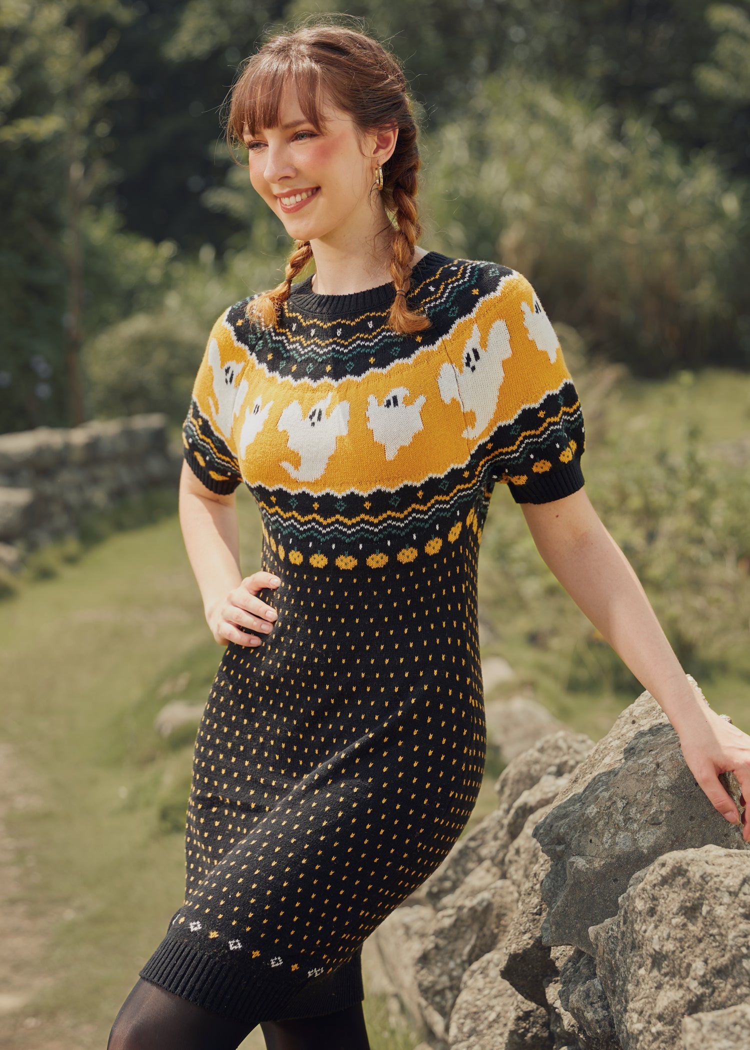 Jump Scare Short Sleeve Fair Isle Sweater Dress