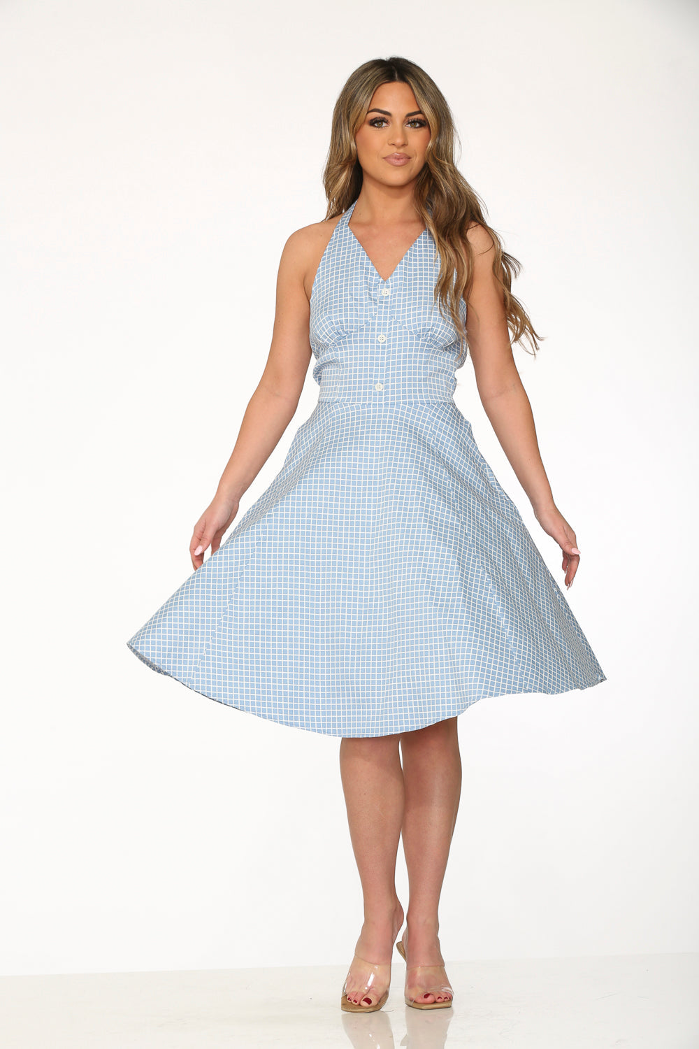 Blue White Checkmate Halter Swing Dress