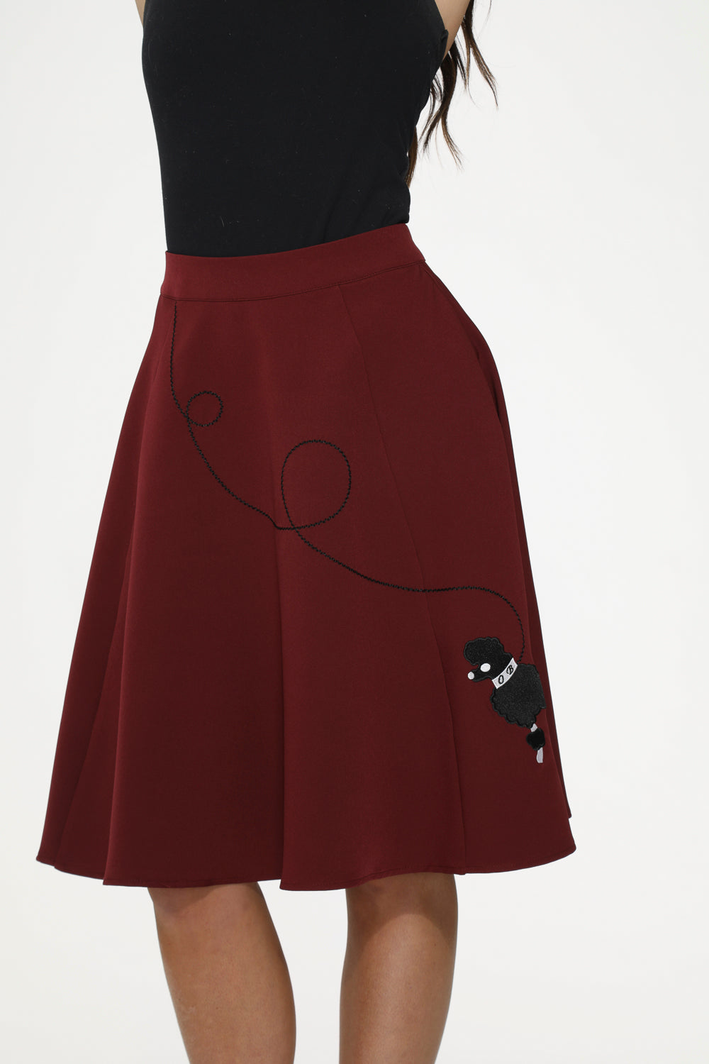 Burgundy Black Embroidered Poodle Swing Skirt