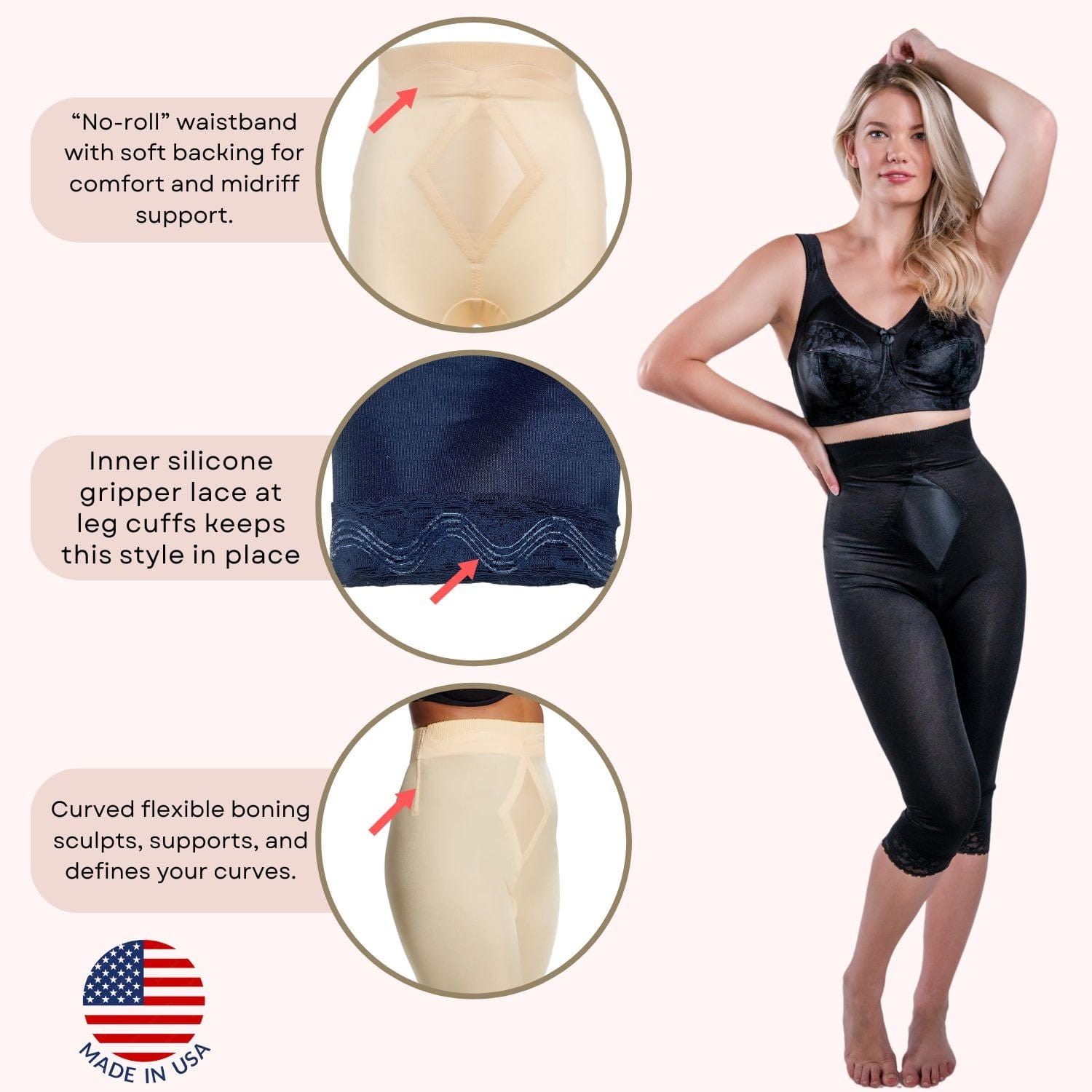Style 6266 | High Waist Capri Pant Liner with Tummy Control Satin Panel | Memory Compression Fabric | Medium Support